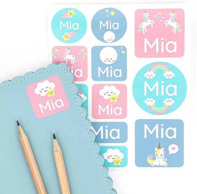 Large Name Labels for Kids (33) - Custom Stickers for Daycare and School Supplies - Durable, Waterproof Stickers for Water Bottles, Lunch Boxes, and More with Unique Designs - Unicorn