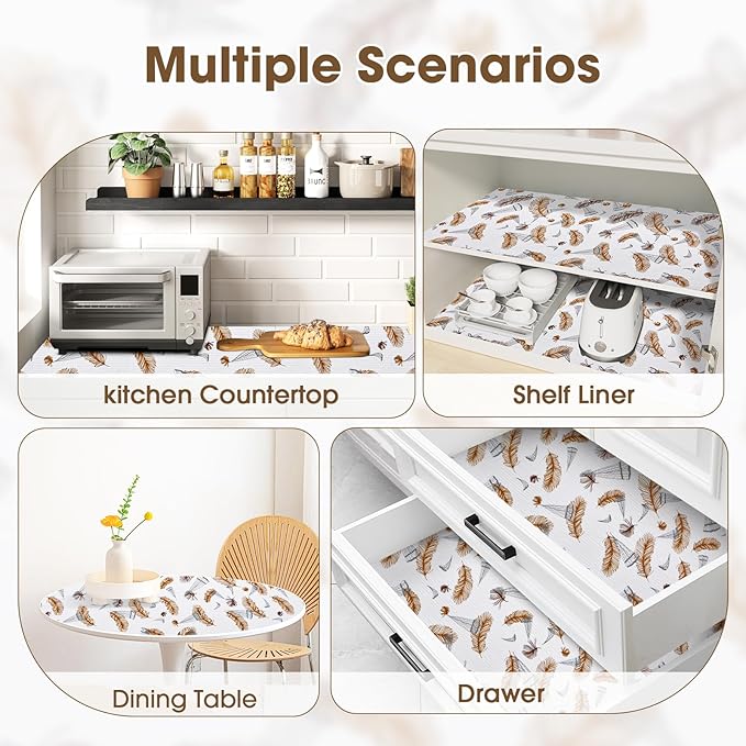 ALIUNI Drawer and Shelf Liner, Non-Slip Kitchen Cabinet Liners Non-Adhesive Thick Strong Grip Waterproof Washable Mats Protect Dresser Shelves Cupboard Bathroom Cabinets, Feather, 12 in X 10 FT