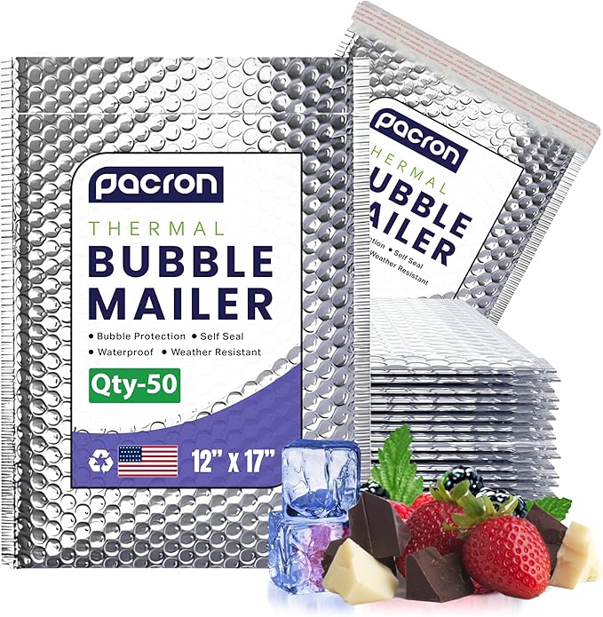 50-Pack Insulated Silver Thermal Bubble Mailers 12 x 17 - Waterproof Metallic Foil Self-Sealing Padded Envelopes for Cold Shipping, Perishables, Food, Cosmetics, Pharmaceuticals