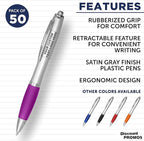 DISCOUNT PROMOS Personalized Ballpoint Pens With Rubber Grip, 50 pack Customizable Ergonomic Click-to-Write Custom Writing Pens for School with Black Ink, Purple