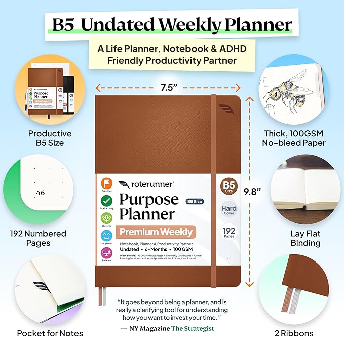 Roterunner Purpose Planner Notebook B5 7.5”x9.8” Undated 2026 Daily Weekly and Monthly Productivity Goal Setting Tool for Work Home ADHD for Adults Self Care Journal