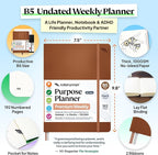 Roterunner Purpose Planner Notebook B5 7.5”x9.8” Undated 2026 Daily Weekly and Monthly Productivity Goal Setting Tool for Work Home ADHD for Adults Self Care Journal