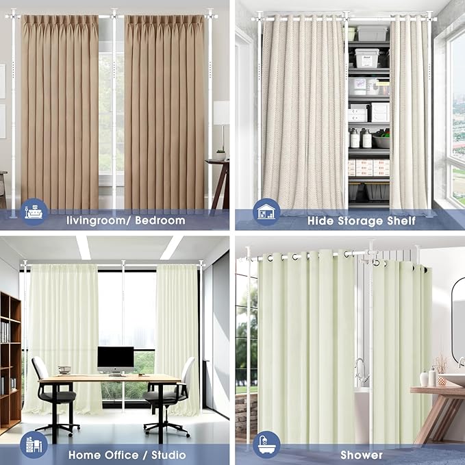 AKTOP Room Divider, No Drilling Curtain Tension Rods Wall Divider for Room Separation, 4-10ft(H) 30-147"(W) Adjustable, Heavy Duty Floor to Ceiling Space Separator Privacy Dividers for Rooms, White