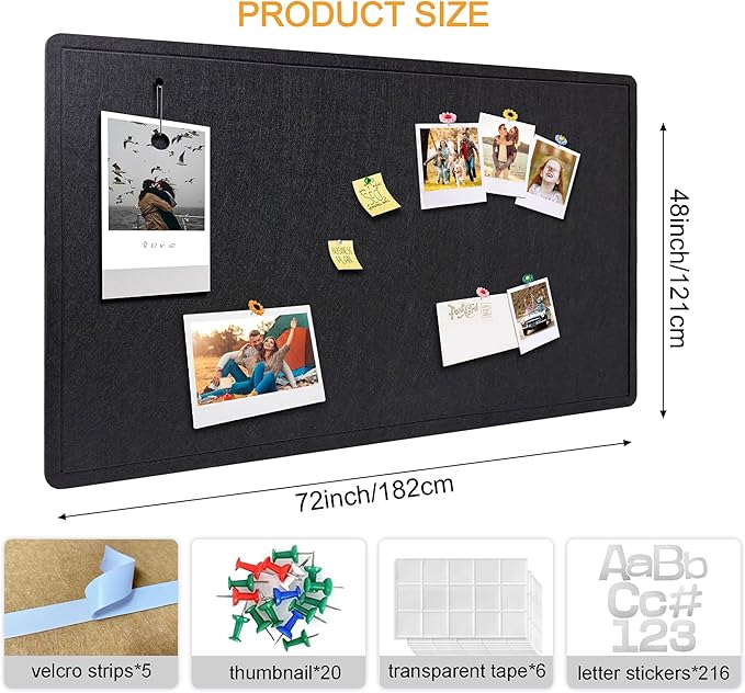 Yunihome Large Bulletin Board - Foldable 72x48 Inches Cork Board Alternative with 20 Push Pins and 237 Pcs Glitter Letters, 6' x 4' Self-Adhesive Felt Bulletin Board for Wall, Home Office Decor