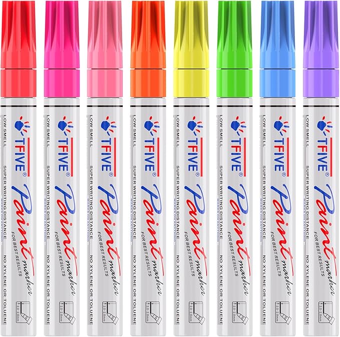 TFIVE Fluorescent Paint Markers, 8 Colors Neon UV Paint Pens for Blacklight - Oil-Based, Medium Tip, Waterproof Permanent Marker Pens for Rock Painting, DIY Art Crafts, Scrapbooking, Glass Windows