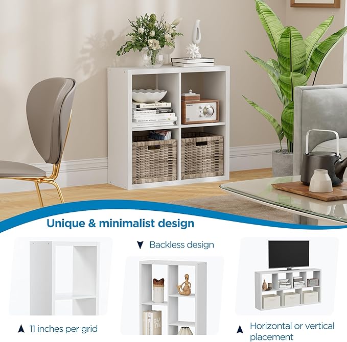4 Cube Storage Organizer, 2x2 Cube Bookshelf, Cubby Storage Shelf, Wooden Organizer Shelf with Thickened Boards, for Closet Bedroom Home Office Living Room, 25.12" L x 9.37" W x 25.12" H, White