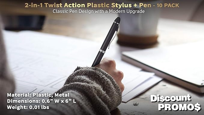 DISCOUNT PROMOS Twist Action Plastic Stylus Pens, Set of 10, Bulk Pack - Pens for Work, Cool Pens for Writing, Black Ink - Black