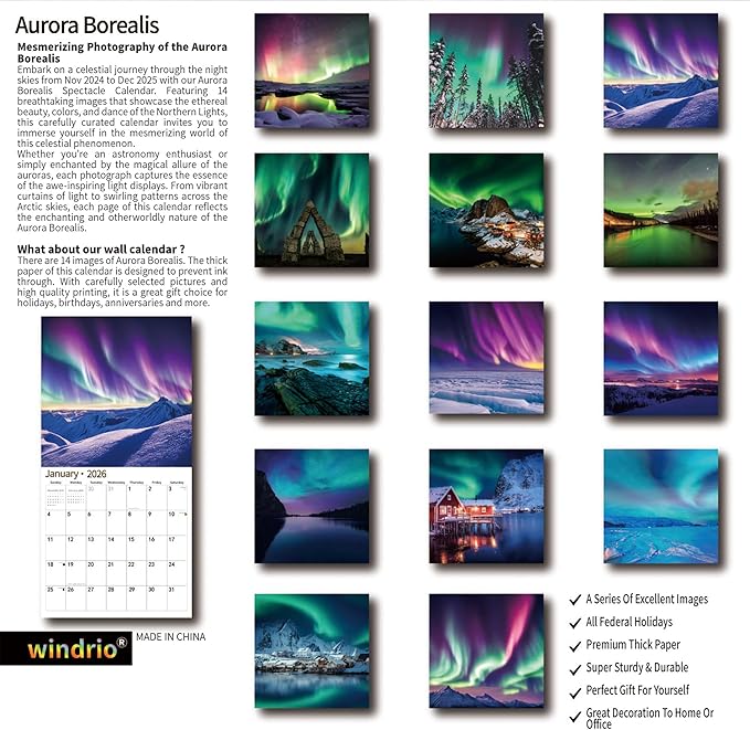 2026 Wall Calendar,Calendar 2026, November 2025 - December 2026, Wall Calendar Aurora, 12" x 24" Opened,Full Page Months Thick & Sturdy Paper for Gift Perfect Calendar Organizing & Planning