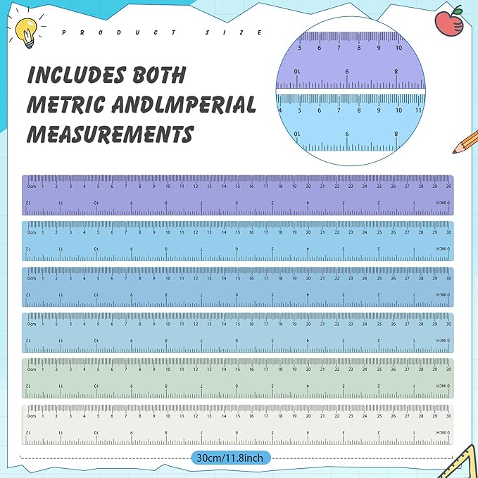 ForraFun 120 Pcs 12 Inch Plastic Ruler Bulk Colorful Transparent Ruler with Imperial and Metric Scales for Back School Office Supplies Home Tool Operation Measuring Drawing(Ocean Colors)