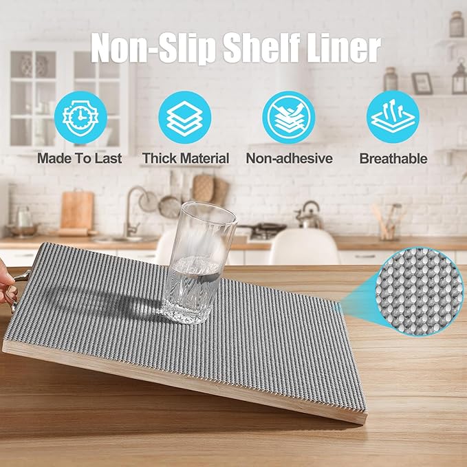 Songrey Non-Adhesive Drawer and Shelf Liner, Non Slip Cabinet Liners, Protect Kitchen Cupboard, Bathroom Drawers, Breathable, Thick Strong Grip mat (20IN x 10FT, Dark Gray)