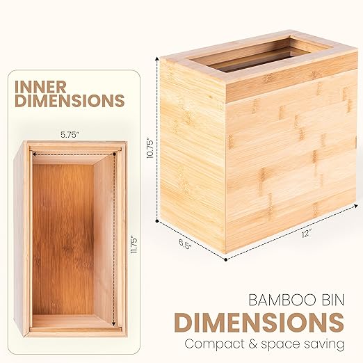 Varnuix Bamboo Trash Can with Bin Liner Built-in Frame and Premium Lid - Wooden Bathroom Trash can, Bamboo Wastebasket for Bathroom, Bedroom, Living Room, Kitchen or Office