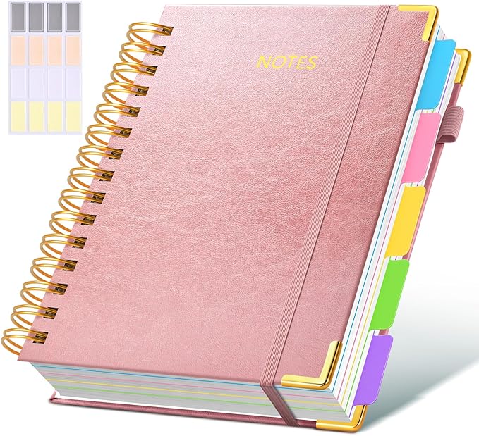 Hardcover Spiral Notebook journal with Removable Dividers Tabs, 300 Pages Leather 5 Subject Notebook College Ruled, 100GMS Notebooks for Work School Note taking,Lined Journal for Women,A5 Rose gold