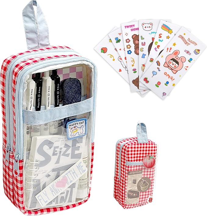 UINSUE Cute Pen case Adorable Bunny Transparent 3-Layer Large Capacity Pencil Case Gadget organizer with Lovely Stickers (Red Plaid)
