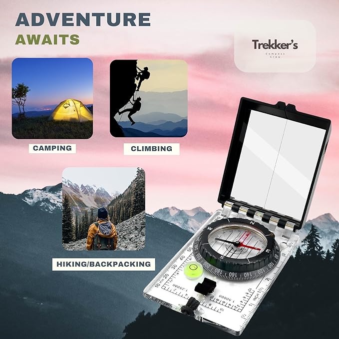 Trekker's Compass Crew Professional Military Lensatic Compass with Mirror, High-Precision Dial, Built-in Magnifier, Luminous Display for Hiking, Camping, Orienteering