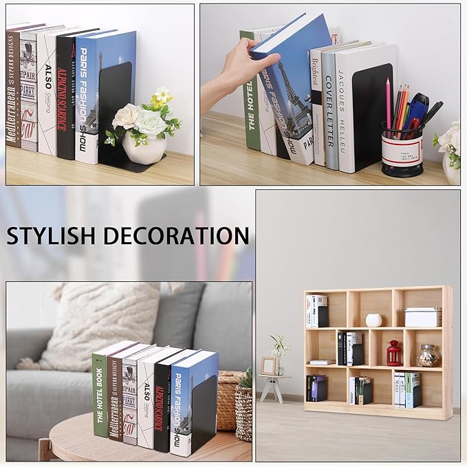 JIANTA Large Book Ends, Heavy Duty Metal Bookends, 2 Pairs/4 Pieces Book Stopper, Book Ends Support for Shelves, Black Non-Slip Bookshelf Holder Stand for Home Office Library School (8 x 5.3 x 4 in)