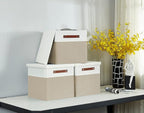 DECOMOMO Storage Basket with Lid, Storage Cubes with Handles, Fabric Box with Lid (Beige and White, 11” / 3 Pack)