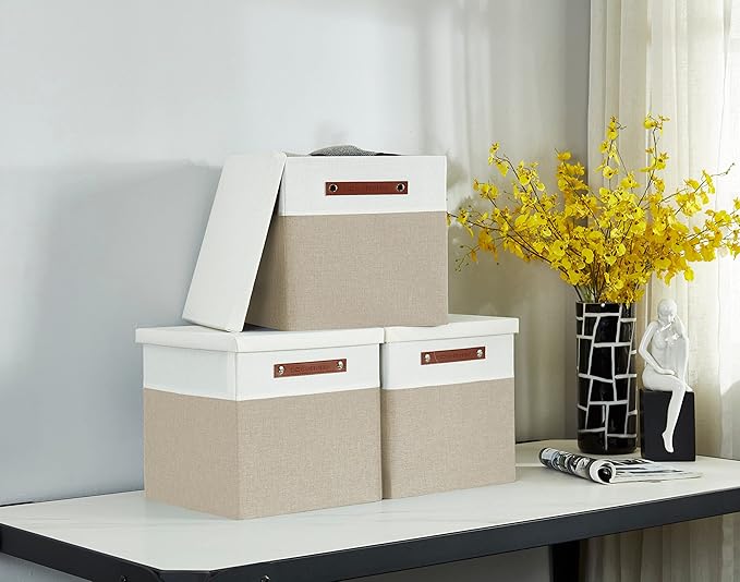 DECOMOMO Storage Basket with Lid, Storage Cubes with Handles, Fabric Box with Lid (Beige and White, 13” / 3 Pack)
