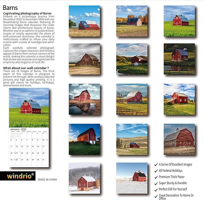 2026 Wall Calendar,Calendar 2026, November 2025 - December 2026, Wall Calendar Barns, 12" x 24" Opened,Full Page Months Thick & Sturdy Paper for Calendar Organizing & Planning