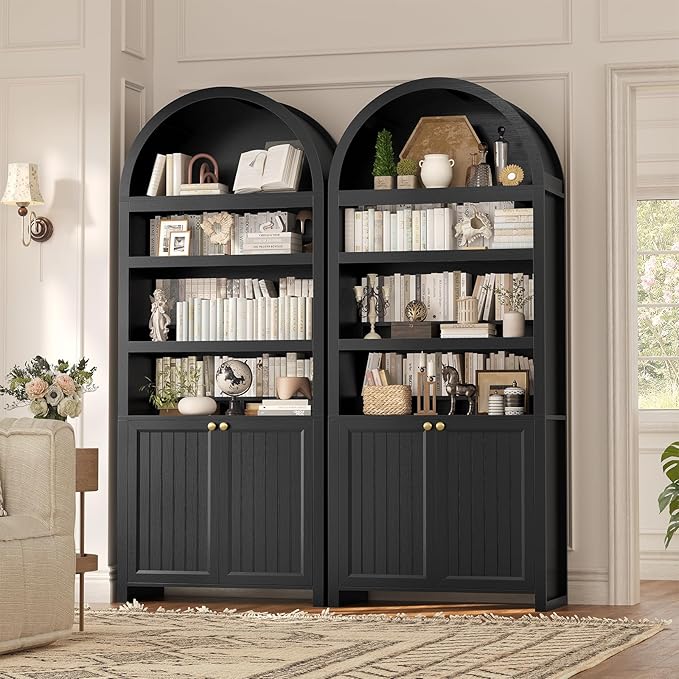 81" Tall Arched Cabinets,Bookcase with storage,Mid-Century Modern 6-Tier Bookshelf with Door,2 Book Risers and Adjustable Shelves offering more storage space for Living Room,Kitchen,Home Office,Black