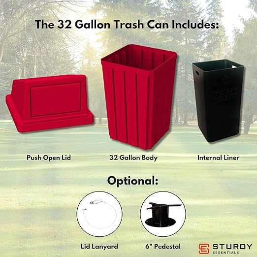 Sturdy Essentials Campus Collection 32 Gallon Square Slatted 100% Recycled Plastic Heavy Duty Outdoor Trash Can with Push Top Lid - Great for Schools and Businesses - Red