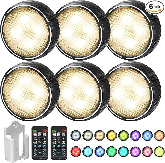 LED Puck Lights with Remote Battery Operated Under Cabinet Lighting Wireless Stick on Lights Color Changing Timer Tap Lights for Cabinets Shelves Closets Display Case - 6Pack Black