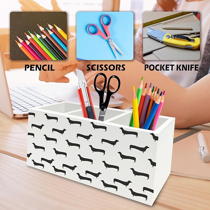 QZQE Black Dachshund Pen Pencil Holder Organizer for Desk, Weiner Dog Gifts Wooden Box Signs Decorations for Home Office Desk Tabletop, Dachshund Lovers Gifts for Women Men