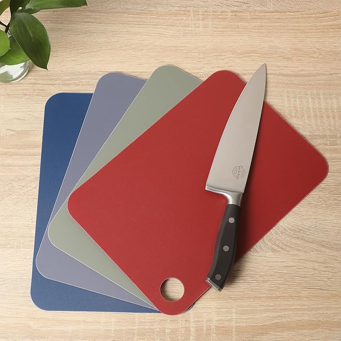 Sur La Table Kitchen Essentials Crafty Carvery BPA-Free Flexible Cutting Mats – 4-Piece Color-Coded Chopping Board Set, Dishwasher Safe, Non-Slip, 11.75" x 8.25", Assorted Colors