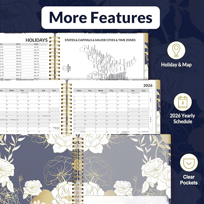SUNEE 2026 Weekly and Monthly Planner - from January 2026 - December 2026, Daily Agenda Planner with Monthly Tab, Flexible Cover, Note Pages, Pockets, Bookmark, Spiral Binding, Vintage Floral, 6.4" x 8.3"
