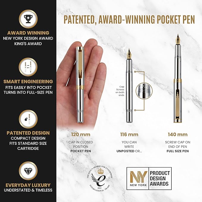 Scriveiner Silver Chrome Fountain Pen (Fine), Award Winning, Heavy Pocket Stunning Luxury Pen, Real Gold Plating and Genuine Schmidt Nib, Includes Converter, Fancy EDC Writing Gift Set for Men & Women