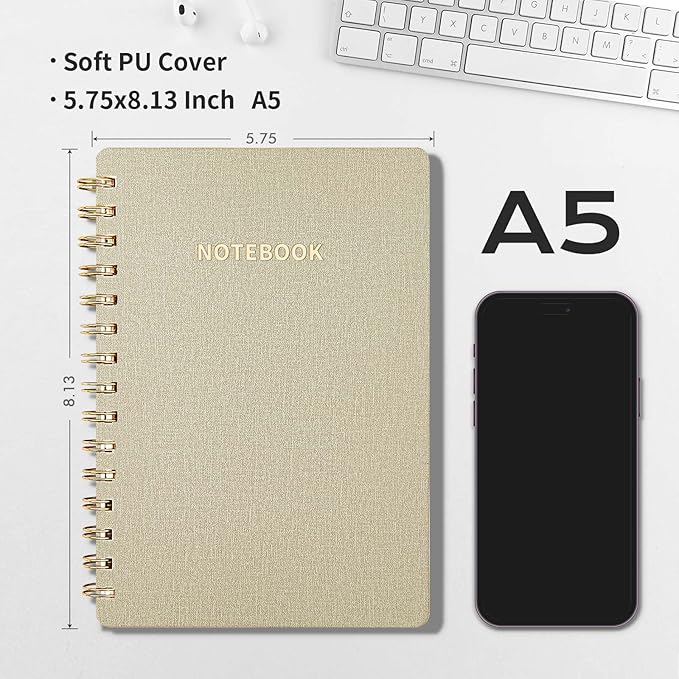 Spiral Notebook-5.75" x 8.125" College Ruled Journal with Inner Pockets and 160 Pages,PU Leather Cover Business Journal, Twin-Wire Binding Notebook Perfect for Office & Home School Supplies Light Grey