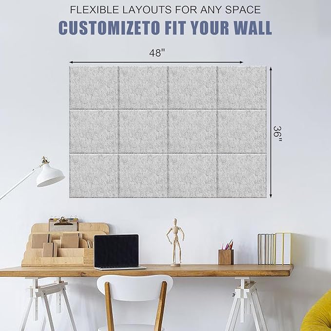 Large Cork Board Alternative 48" X 36" Bulletin Board - 12 Pack Removable Felt Wall Tiles with 30 pushpins, Large Cork Boards for Walls Cork Board for Office Pin Board Tack Board - Silver Gray