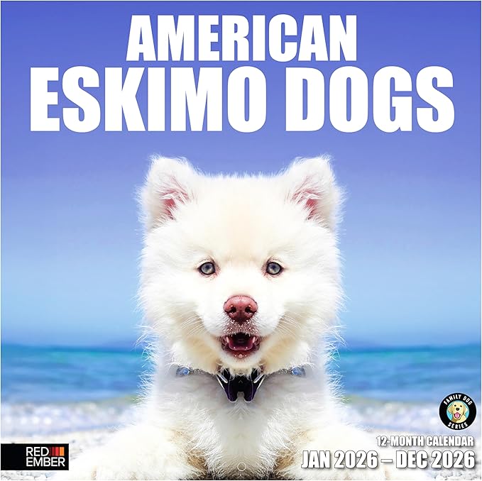 RED EMBER American Eskimo Dogs 2026 Wall Calendar 12 Month | 12" x 24" Open | Thick & Sturdy Paper | Holiday Gift | Cute Puppy Dog Calendar 2026