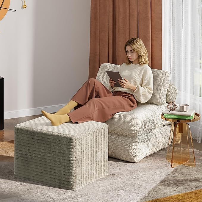 WLIVE Pouf Ottoman Foot Rest, Square Bean Bag Ottoman Coffee Table for Living Room, Beige