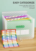 ABC life 12 Pockets Accordion File Organizer Expanding File Folders, Portable Monthly Bill Receipt Document Organiser, Expandable Accordian Filing Folder Letter A4 Size, Colored Tabs (Green)