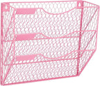 EASEPRES Mail Organizer Wall Mount Hanging File Holder Storage, Metal Chicken Wire Magazine Rack 3 Tier, Pink