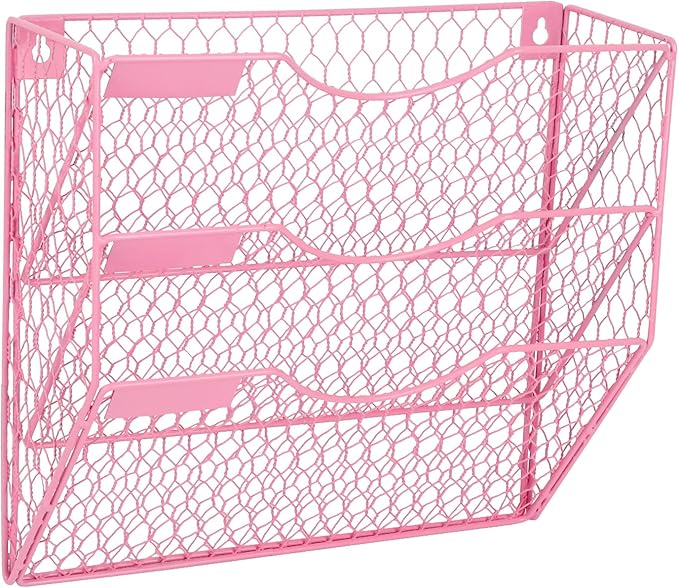 EASEPRES Mail Organizer Wall Mount Hanging File Holder Storage, Metal Chicken Wire Magazine Rack 3 Tier, Pink