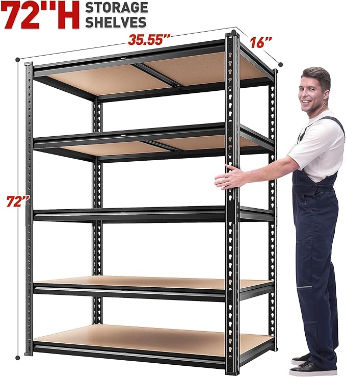 REIBII 2200LBS Storage Shelves 5 Tier Garage Shelving Heavy Duty, Adjustable Metal Shelving, Garage Shelves for Basement, Warehouse, Pantry, Closet, Kitchen 72" H x 35.55" W x 16" D, Black, 3 Pack