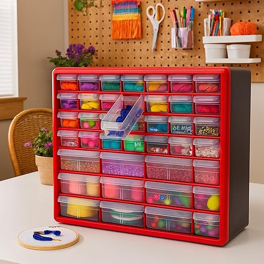 Akro-Mils 44-Drawer Plastic Drawer Storage Cabinet for Garage Organization, Bead Organizer, Building Bricks Storage, Teacher Toolbox, Makeup Organizer, 20" W x 6" D x 16" H, 10144 Red