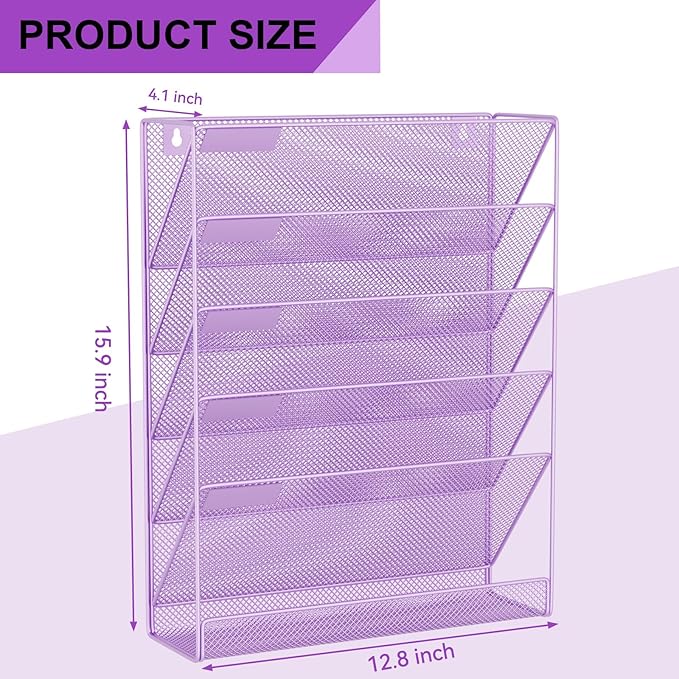 GDINDINFAN Wall File Organizer Holder Mesh Hanging Paper Document Holder, Vertical 6 Pocket Tier for Office Home, Light Purple