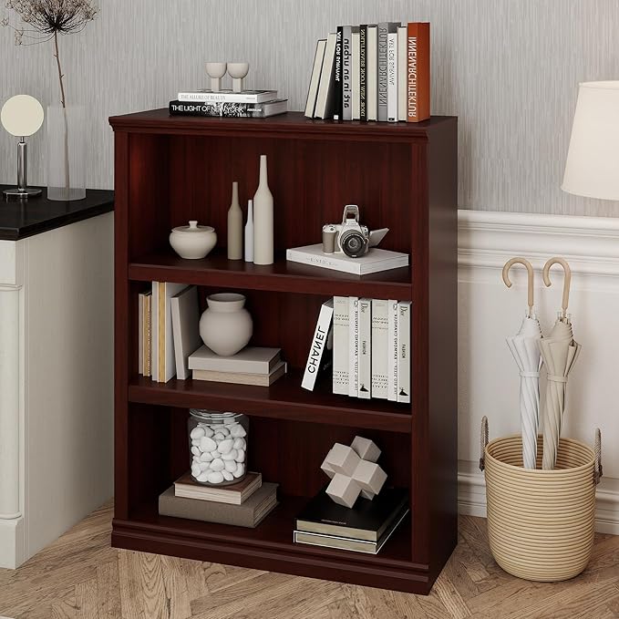 Bevfint 43 in Tall Bookcase, 3-Tier Bookshelf Open Storage, 33 inch Wide Floor Standing Indoor Furniture, Book Cases for Home School Library Office Bedroom Kids, Mahogany 3 Tiers