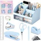 COMFYROOM Desk Accessories with Pen Holder, Office Supplies Desk Organizers and Accessories, Tape Dispenser, Stapler, Staple Remover, Staples, Clips Set, Ruler, Scissor, Pen, Tape (Blue)