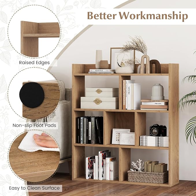 Giantex 7 Cubes Bookshelf, Free-Standing Wooden Bookcase, 4 Tier Home Display Shelf, Horizontal Storage Unit w/Anti-Toppling Devices, Open-Back Display Rack for Study, Living Room (2, Natural)