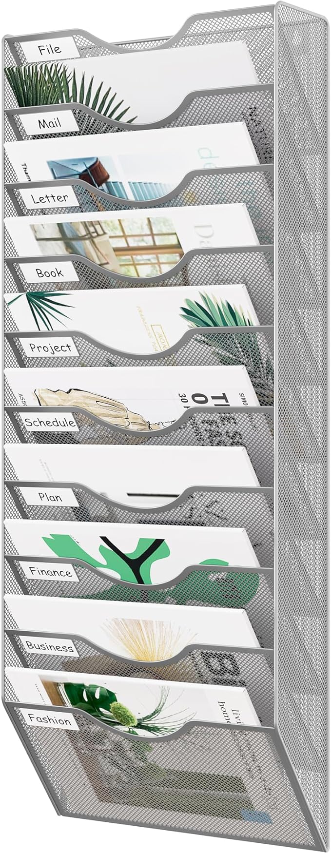 EasyPAG 10 Pocket Mesh Wall File Organizer, Hanging Paper Folder Holder with Classify Label, Vertical Wall Mount Mail Organizer for Office Home Classroom, Silver
