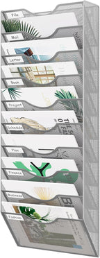 EasyPAG 10 Pocket Mesh Wall File Organizer, Hanging Paper Folder Holder with Classify Label, Vertical Wall Mount Mail Organizer for Office Home Classroom, Silver