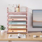 Subekyu 6 Tier Office File Paper Desk Tray Organizer with Handle, Stackable Slide Mesh Letter Tray Folder Pink Desk Organizer, Desktop Document Sorter for Classroom, Office, Home Supplies Storage