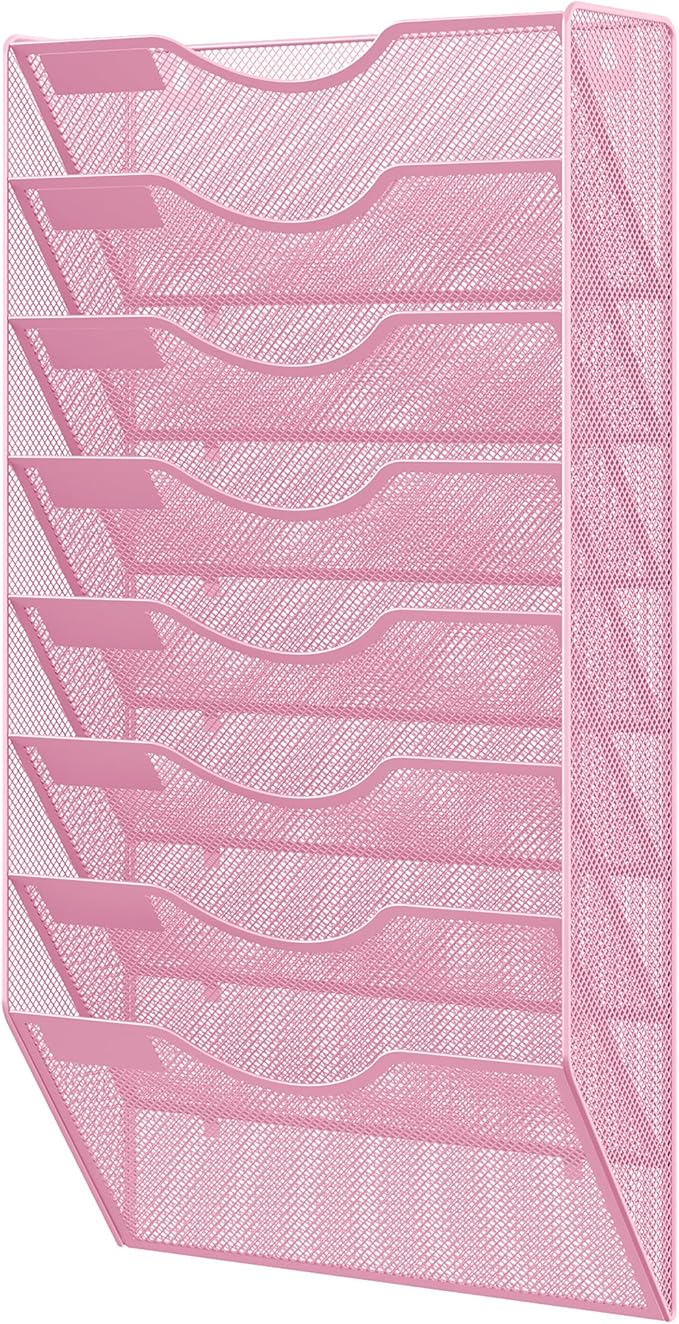 EasyPAG 8 Pocket Mesh Wall File Organizer, Hanging Paper Folder Holder with Classify Label, Vertical Wall Mount Mail Organizer for Office Home Classroom, Pink