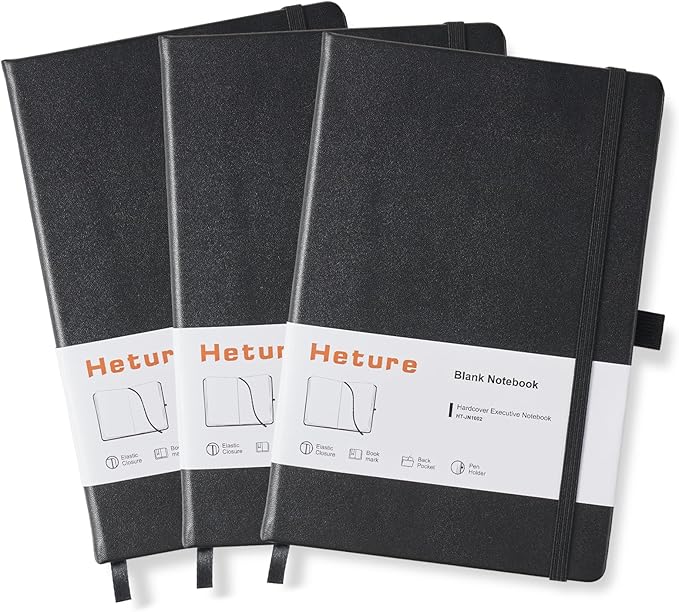 Heture Hardcover Notebooks, A5 Blank Notebook for Writing 160 Pages, 8.2 x 5.5 inch, Classic Blank Notebooks for College/Work/Travel(Black 3 Pack)