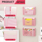 GDINDINFAN 3 Single Pocket Wall File Holder, Mesh Hanging File Folder Paper Organizer, Vertical Wall Mounted Mail Basket, Storage Organization Magazine Rack for Office, Home and School, Pink
