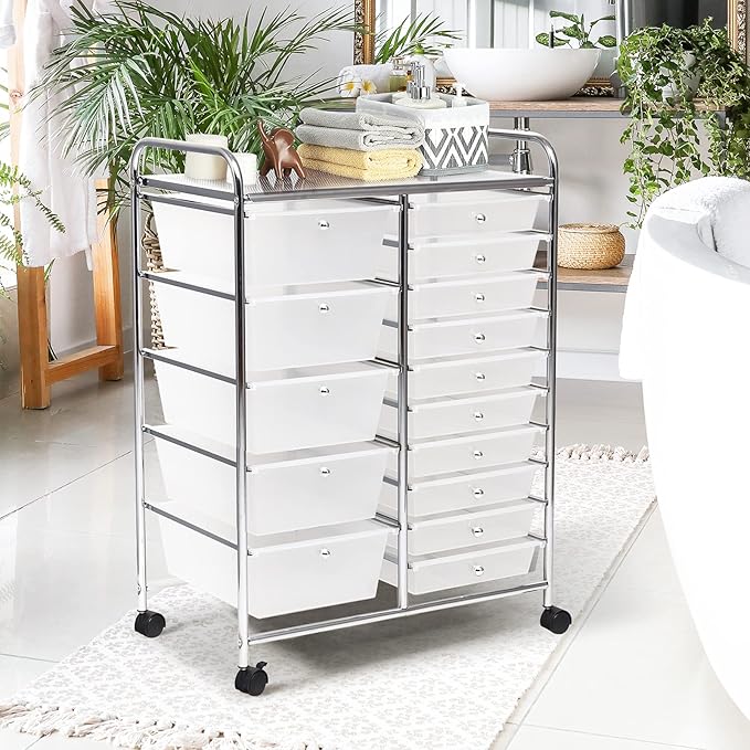 DORTALA 15-Drawer Rolling Storage Cart with Drawers, Rolling Utility Cart w/Removable Drawers & Universal Wheels, Tools Scrapbook Paper Organizer for School, Office, Home, Classroom (Clear)
