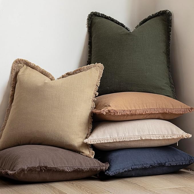 Foindtower Set of 2 Decorative Linen Fringe Throw Pillow Covers Farmhouse Cushion Cover with Tassels Soft Accent Pillowcase for Couch Chair Sofa Bed Living Room Home Decor,22×22 Inch,Light Khaki Taupe